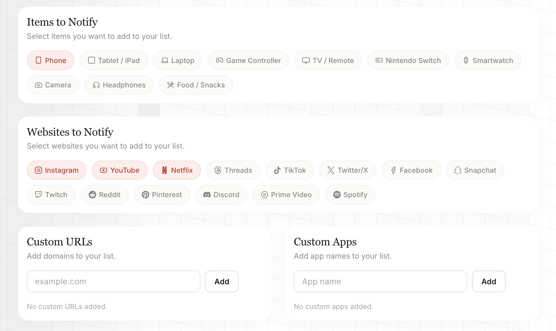 BrainDock distraction settings panel listing items, websites and custom apps