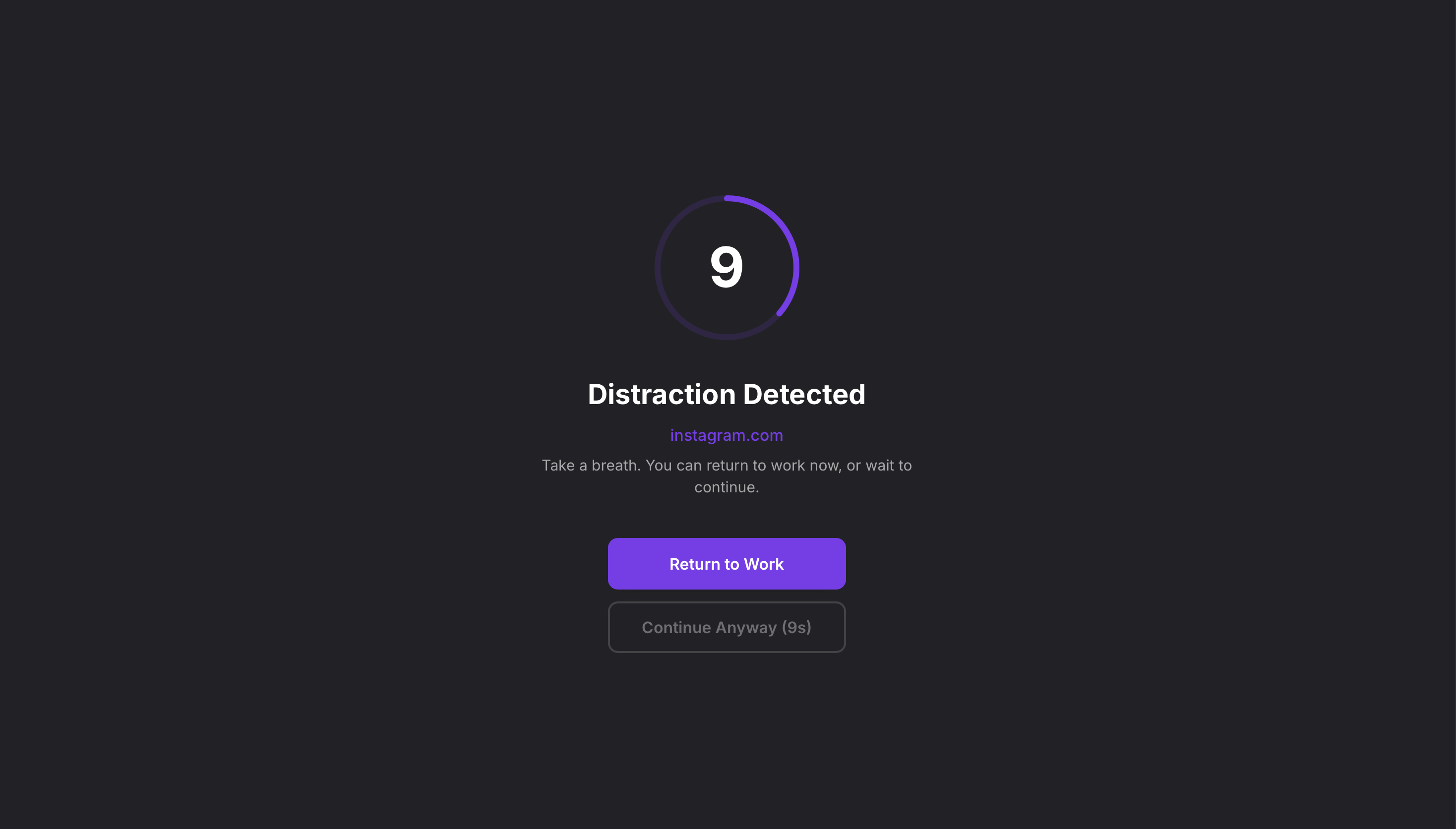 BrainDock 'Distraction Detected' overlay with a Return to Work prompt