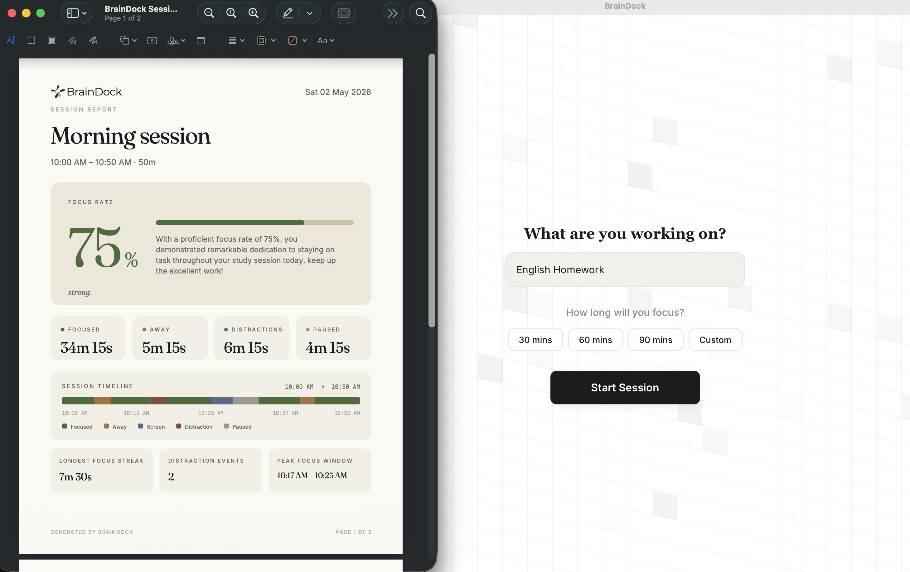 One-page BrainDock session report next to the start-session screen