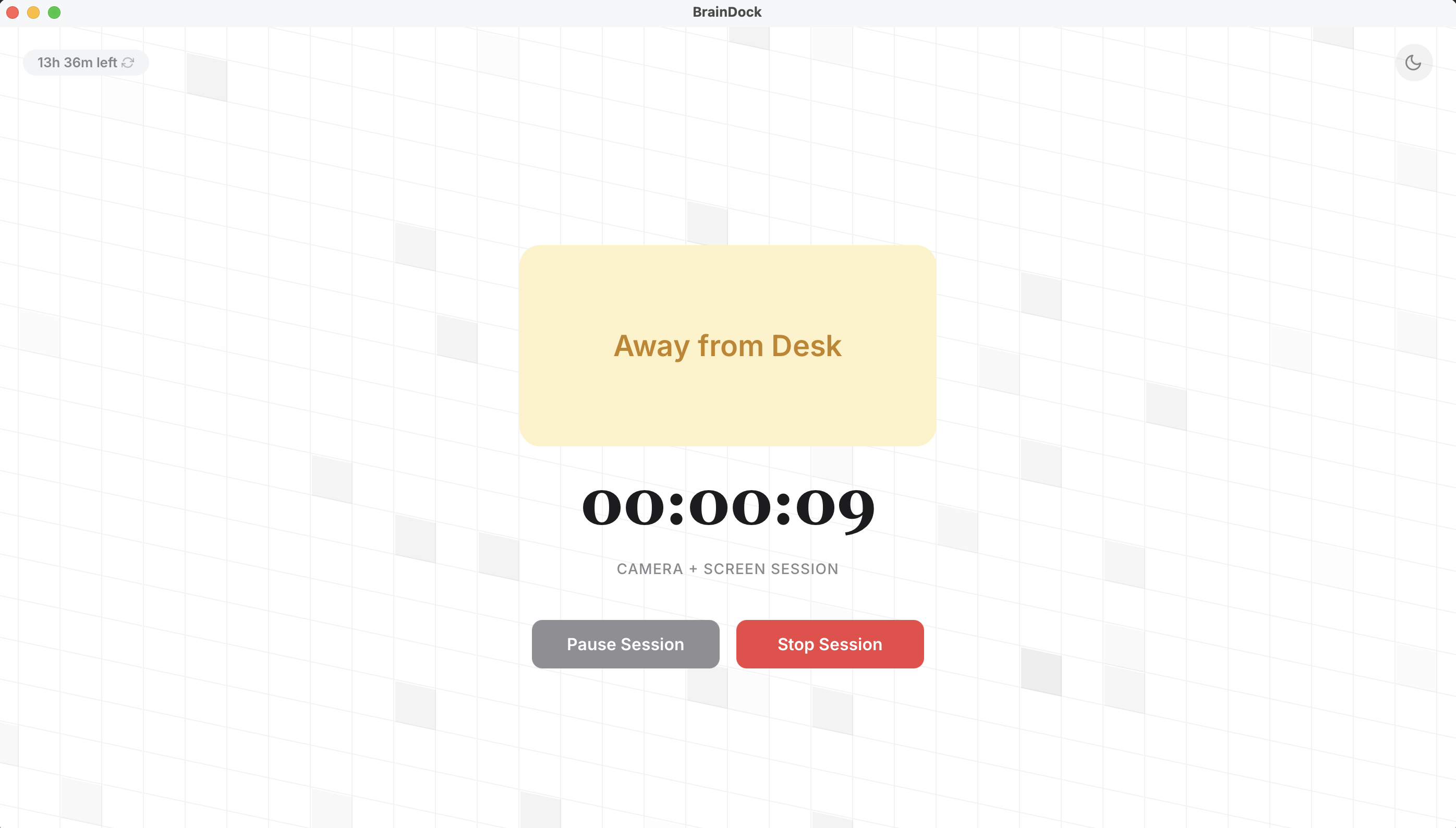 BrainDock app showing 'Away from desk' state during a session